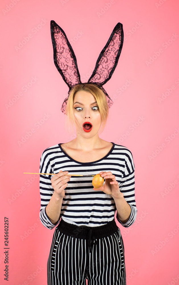 Happy easter! Easter day. Easter egg. Easter bunny. Woman holding painting brush. Surprised woman painting eggs. Egg hunt. Bunny mask. Color egg assortment. Sale. Discount. Spring holidays.
