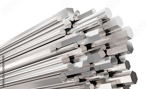 Steel rods of different types. Isolated on white background. 3d illustration. 