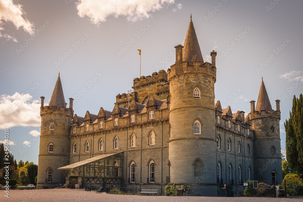 Inveraray castle, impressive fortress north of the village, has been since the fifteenth century the abode of the Dukes of Argyll, chiefs of the Campbell clan, Highlands, Scotland