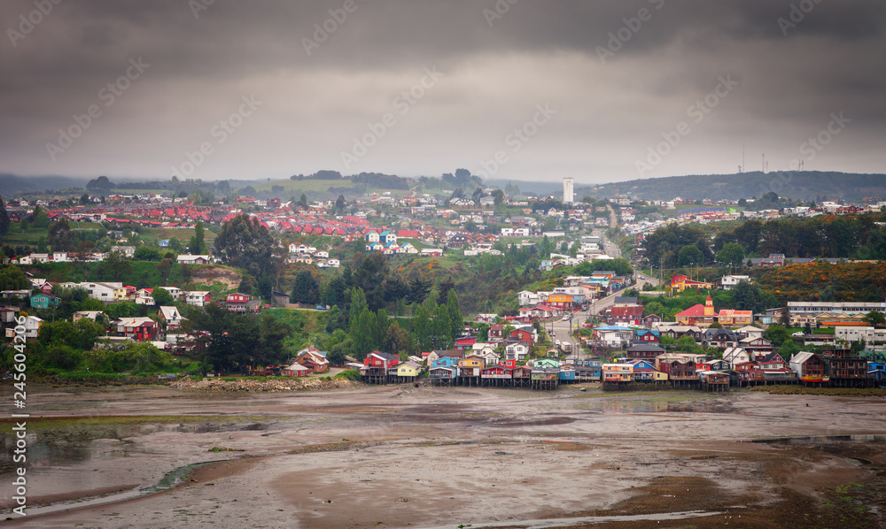Panoramic view of the city of Castro, with its traditional wooden houses on stilts (