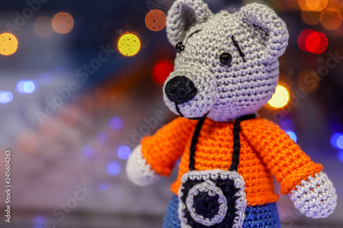 Knitted bear with a camera