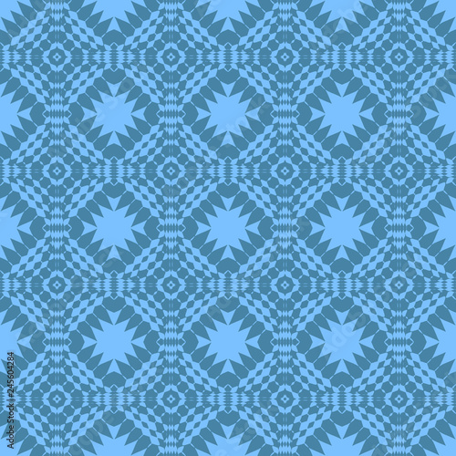 Seamless square pattern from geometrical abstract ornaments on a blue background. Vector illustration. Suitable for fabric, wallpaper and wrapping paper