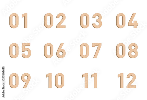 Wooden Number Elements Set 1 to 12 Vector 3d Illustration
