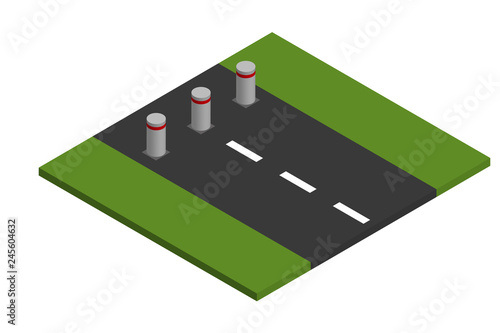 Automatic retractable bollards limiting traffic on the city road. Smart technology safety and traffic limitation. Vector isometric illustration.