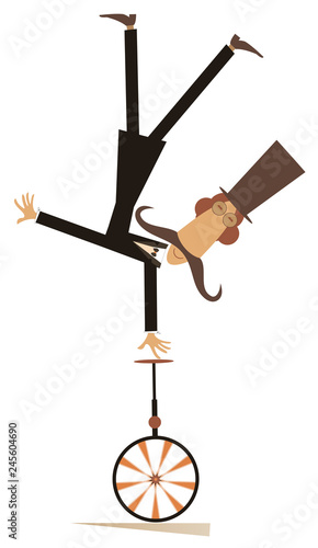 Mustache man in the top hat rides on unicycle illustration. Equilibrist mustache man in the top hat stands on one hand on unicycle head over heels isolated on white illustration