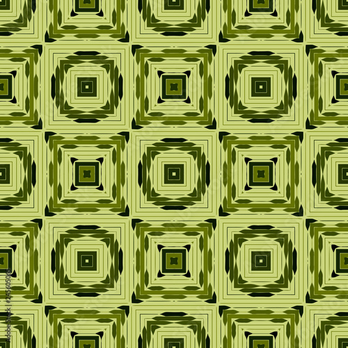 Seamless square pattern from green geometrical abstract ornaments on a light background. Vector illustration. Suitable for fabric, wallpaper and wrapping paper