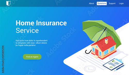 Isometric landing page template for home insurance. Vector illustration mock-up for website and mobile website