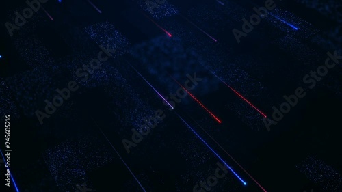 Technological background with flying glowing lines and flickering particles on digital surface from glitering dots. Animation of seamless loop. photo