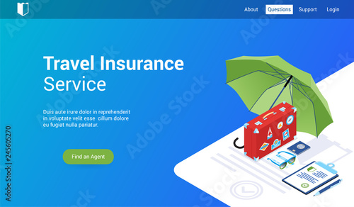 Isometric landing page template for travel insurance. Vector illustration mock-up for website and mobile website