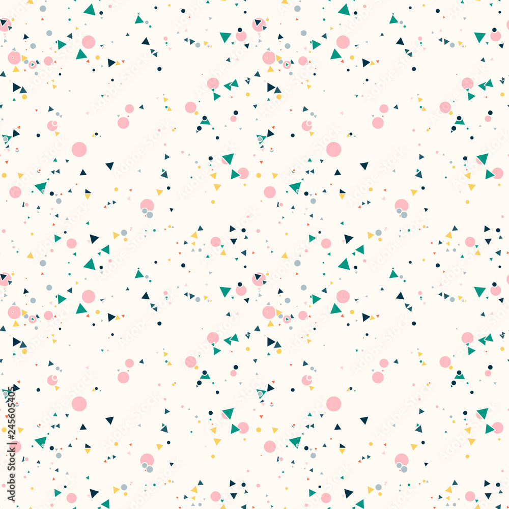 Abstract seamless pattern with colorful chaotic small circles and triangles on beige. Infinity geometric pattern. Vector illustration.    