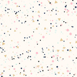 Abstract seamless pattern with colorful chaotic small circles and triangles on beige. Infinity geometric pattern. Vector illustration.    