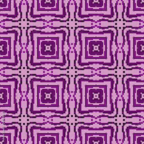 Seamless square pattern from purple geometrical abstract ornaments on a pink background. Vector illustration. Suitable for fabric, wallpaper and wrapping paper