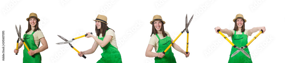 Young woman with shears on white Young woman with shears on white