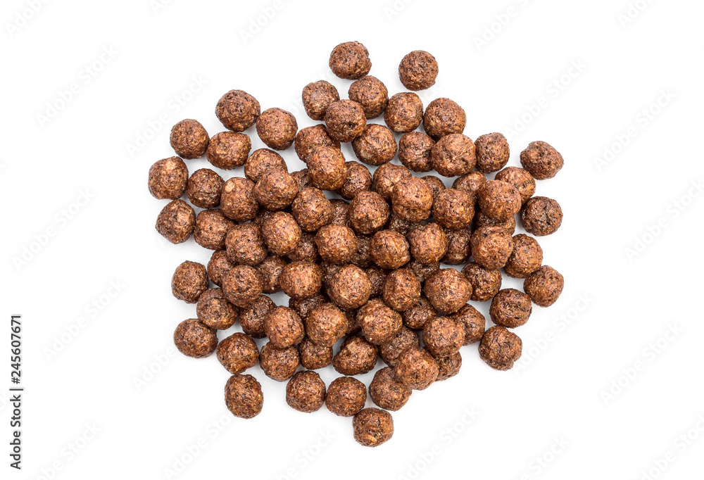Heap of chocolate cereal corn balls on white. Top view. Heap of chocolate cereal corn balls on white. Top view.
