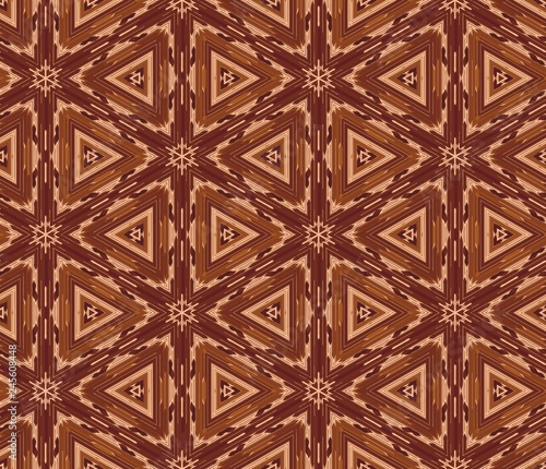 Seamless hexagonal pattern from beige and brown geometrical abstract ornaments on a dark background. Vector illustration. Suitable for fabric, wallpaper and wrapping paper