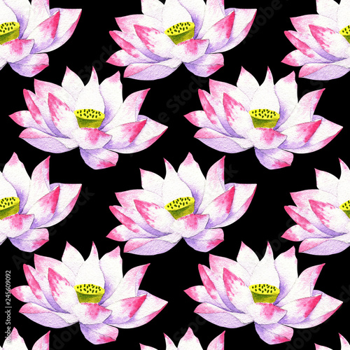 blossoms and flowers of lotus watercolor seamless pattern