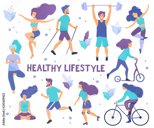 Healthy lifestyle. Different physical activities: running, roller skates, dancing, bodybuilding, yoga, fitness, scooter, nordic walking. Flat vector illustration.