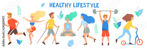 Healthy lifestyle. Different physical activities: running, roller skates, dancing,  yoga, fitness, scooter, nordic walking. Flat vector illustration.