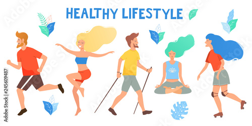 Healthy lifestyle. Different physical activities: running, roller skates, dancing, yoga, fitness, nordic walking. Flat vector illustration.