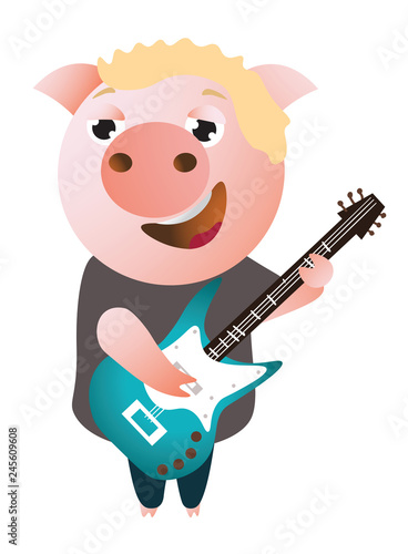 A funny piggy sings and plays on  bass guitar. Musician. Vector illustration.  Isolated on transparent background.  Excellent for the design of postcards  posters  stickers and so on.