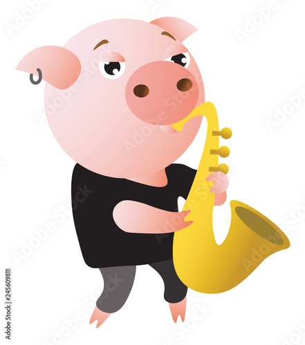 A funny pig plays saxophone. Male.  Musician. Vector illustration.  Isolated on transparent background.  Excellent for the design of postcards, posters, stickers and so on.