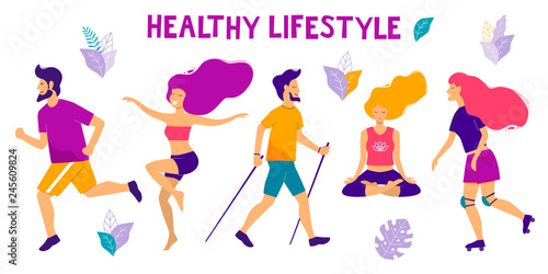 Healthy lifestyle. Different physical activities: running, roller skates, dancing, yoga, scooter, nordic walking. Flat vector illustration.