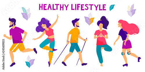 Healthy lifestyle. Different physical activities: running, roller skates, yoga, fitness, scooter, nordic walking. Flat vector illustration.
