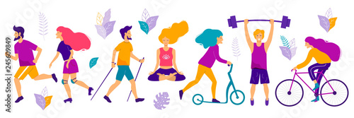 Healthy lifestyle. Different physical activities: running, roller skates, dancing,  yoga, scooter, nordic walking. Flat vector illustration.