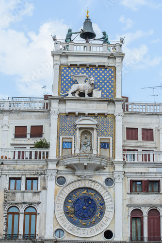 Tower with Astronomical clock and Lion statue. Venice  Italy