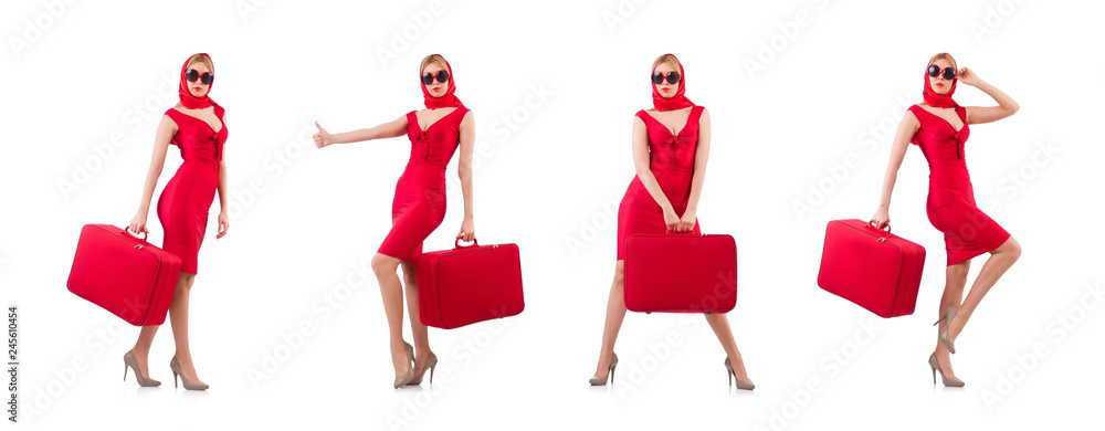 Blondie in red dress with suitcase isolated on white Blondie in red dress with suitcase isolated on white