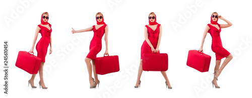 Blondie in red dress with suitcase isolated on white