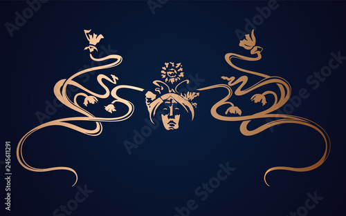 Art Nouveau Ornament Floral And Face Gold Texture