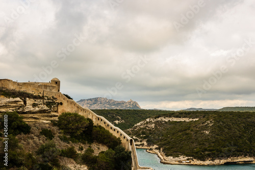 Landscape of Bonifacio with the Harbor and The Citadel at left. Corsica Island, France photo