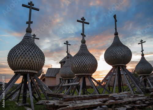 view of wooden domes in the village of Varzuga, Murmansk region photo