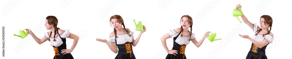 Young woman with watering can isolated on white Young woman with watering can isolated on white
