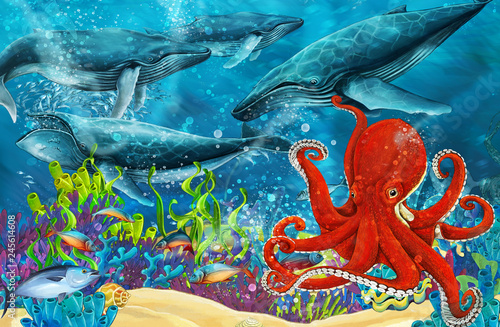 Obraz kreskówki scena z wielorybem i ośmiornicą blisko rafy koralowa - ilustracja dla dzieci