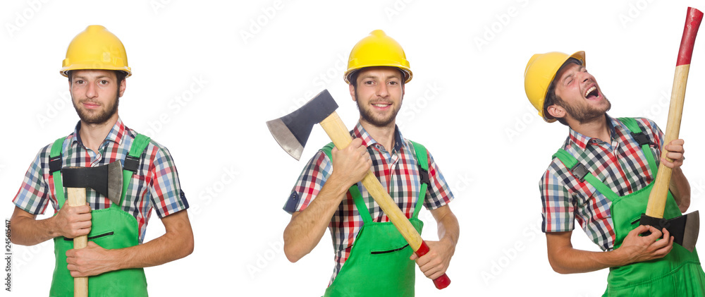 Industrial worker with hatchet isolated on white 