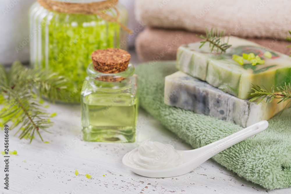 Natural cosmetic oil, sea salt, facial mask and natural handmade soap with coniferous extract Natural cosmetic oil, sea salt, facial mask and natural handmade soap with coniferous extract