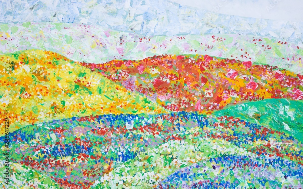 Gemalte Landschaft mit Hügeln und Blumenwiesen, Sommer, Impressionismus, Gouache-Malerei