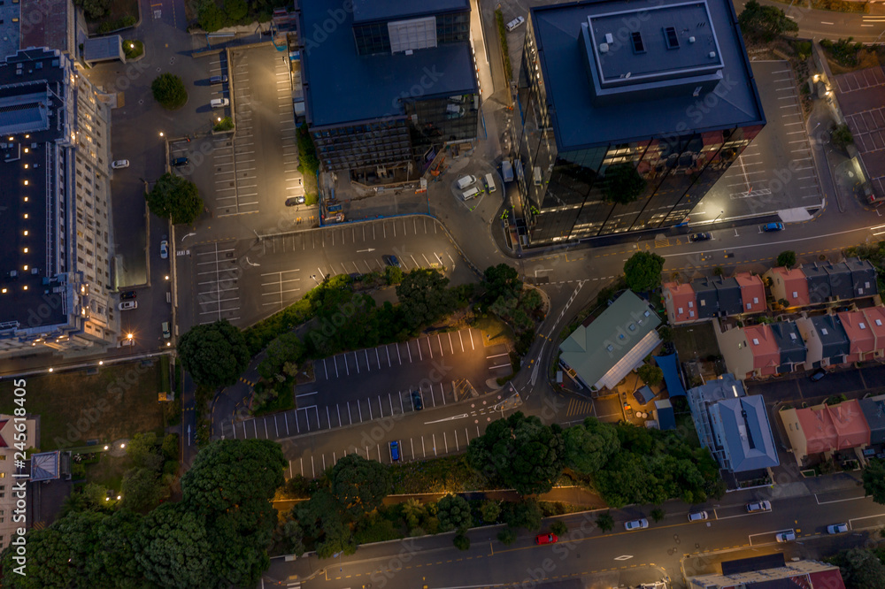 Top down view of city streets at Night, Wellington NZ