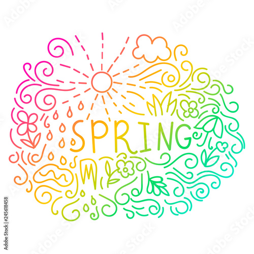 Thin line spring postcard with sun, flowers, rain, curls isolated on white background. Greeting card. Vector illustration. 