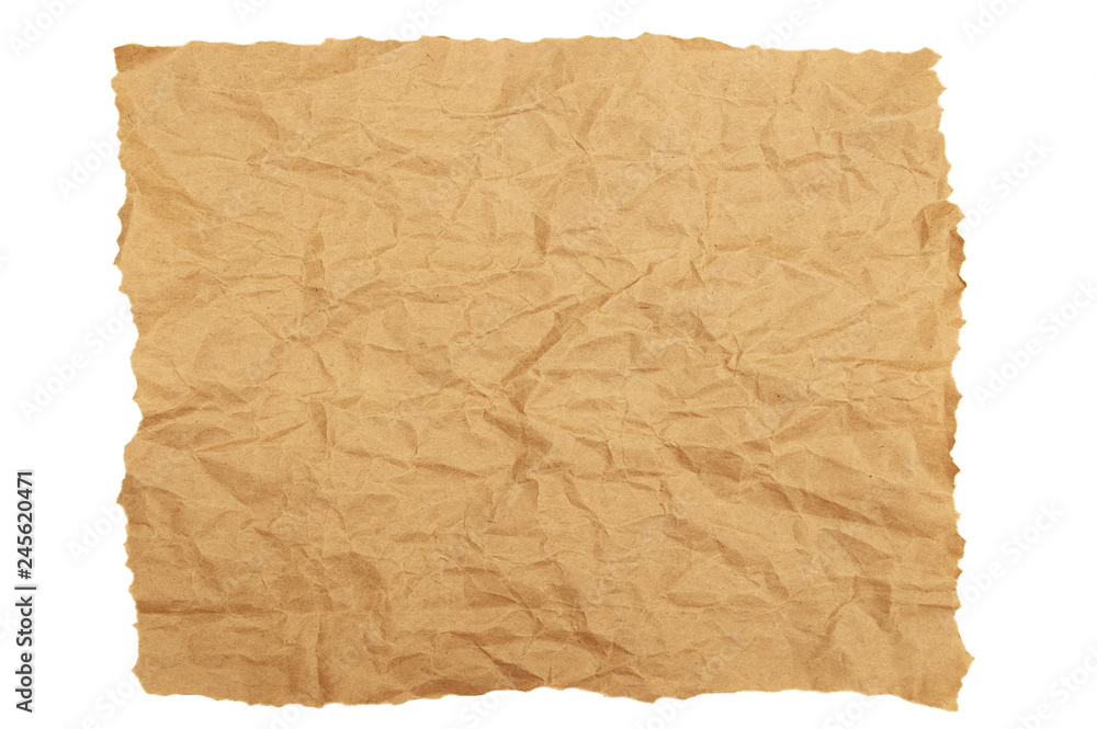 Crumpled brown kraft paper with torn edges. White isolate