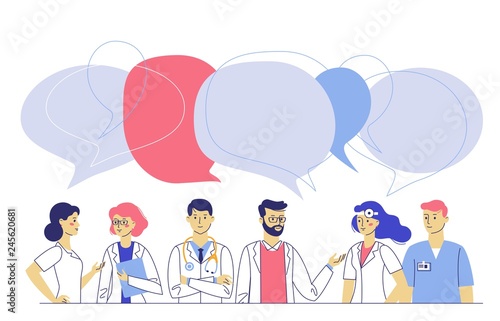 Medicine team concept with different doctors in hospital. Practitioner doctors young man and woman group and speech bubbles. Consultation and diagnosis.