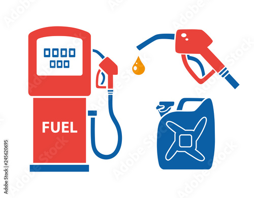 Gas pump, nozzle with fuel drop, petrol jerry can. Filling station icons.