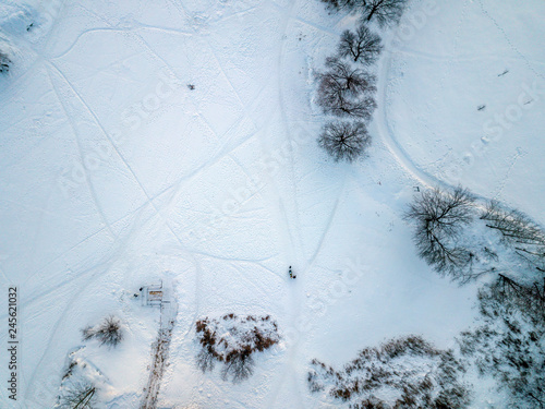 Photography Aerial view of the colorful frosty winter evening and residential areas in Moscow