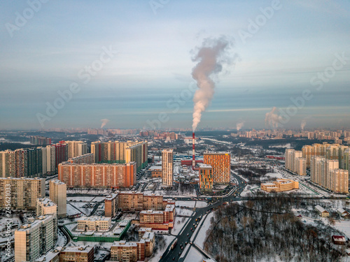 Photography Aerial view of the colorful frosty winter evening and residential areas in Moscow