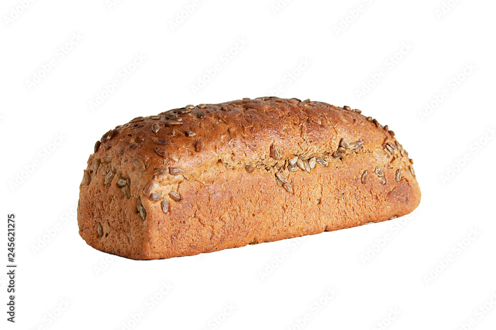 Loaf of rye bread with seeds. White isolate Close-up.