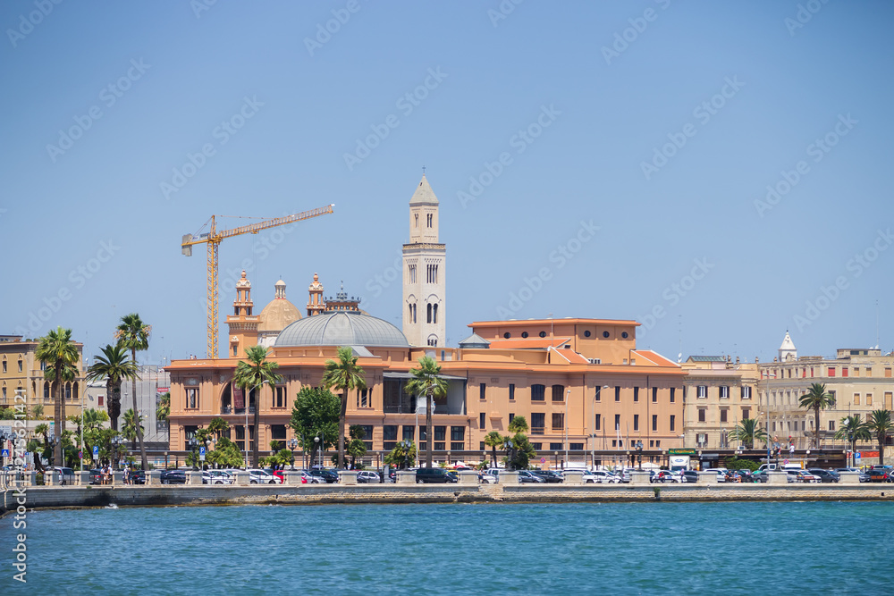 BARI, ITALY - JULY 11,2018, View of the Bari waterfront dominated by the Margherita theater and San Sabino Cathedral