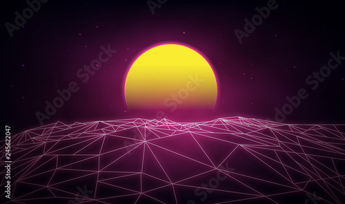 Futuristic retro landscape of the 80`s. Vector futuristic illustration of sun  retro style. Digital Retro Cyber Surface. Suitable for design in the style of the 1980`s.