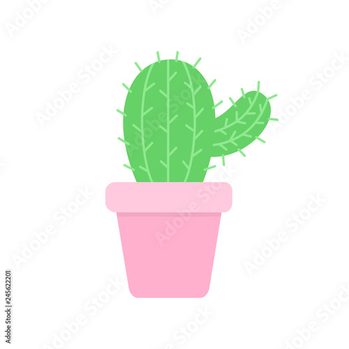 Cute green cactus in pink plant pot, vector illustration. Isolated succulent, web or print icon.